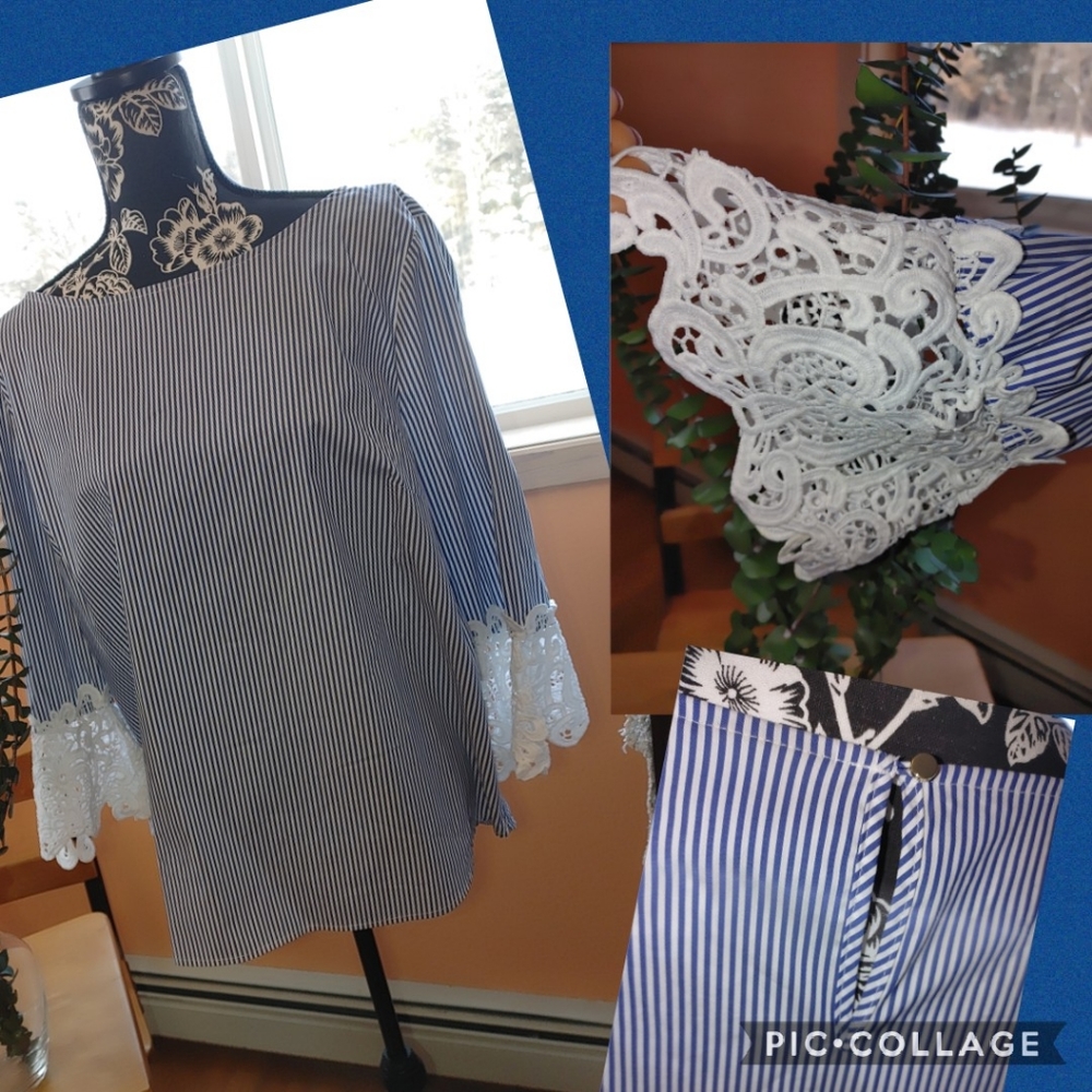 Lace Bell Sleeve blue white striped blouse XL